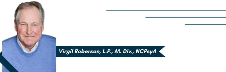 A person in a blue sweater is on the left side of the image with the name and credentials "Virgil Roberson, L.P., M. Div., NCPsyA" displayed on a dark blue banner.