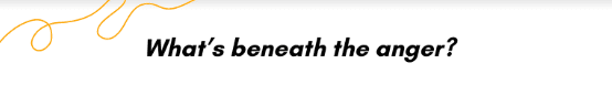 Text says "What's beneath the anger?" in black font on a white background with orange swirls.