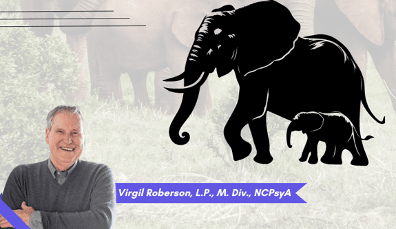 Smiling person stands next to stylized silhouette of an adult and baby elephant. Text reads: "Virgil Roberson, L.P., M. Div., NCPsyA".