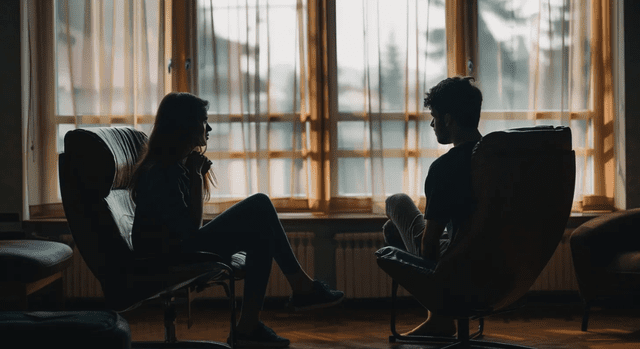 Two people sit facing each other in silhouette, silhouetted against a large window with sheer curtains.