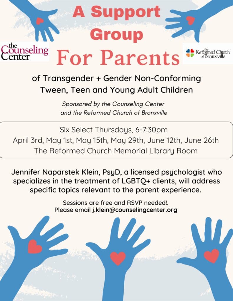 Flyer announcing a support group for parents of transgender and gender non-conforming youth, with dates, time, and contact details, decorated with blue handprints.