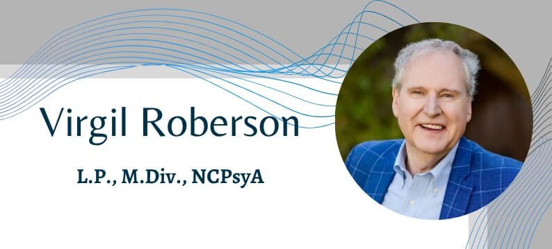 Professional headshot of Virgil Roberson, L.P., M.Div., NCPsyA, smiling and wearing a blue plaid jacket, with name and credentials displayed on the left.