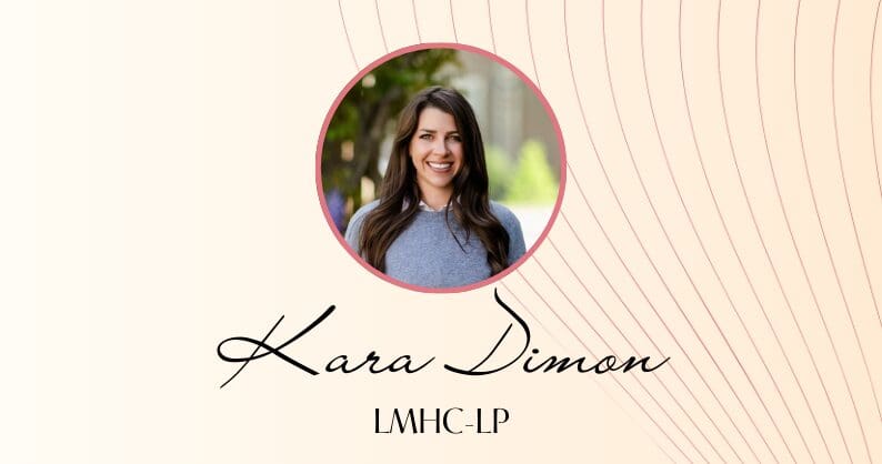 A woman with long brown hair smiles at the camera; below her photo are the name “Kara Dimon” in script and the title “LMHC-LP” in uppercase letters.