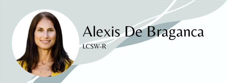 Professional headshot of a woman with brown hair, identified as Alexis De Braganca, LCSW-R, on a light abstract background.