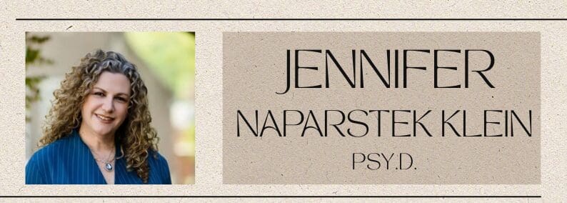 Portrait of a woman with curly hair wearing a blue top, next to the text "Jennifer Naparstek Klein, Psy.D." on a textured beige background.