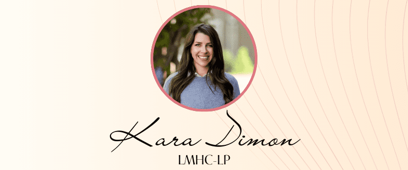 Kara Dimon A woman with long brown hair smiles at the camera. Below her photo is the name "Kara Dimon" and the credential "LMHC-LP" on a beige background with curved lines.