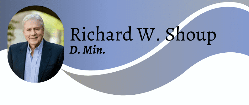 Portrait of an older man in a suit next to the name "Richard W. Shoup, D. Min." on a blue and white wavy background.