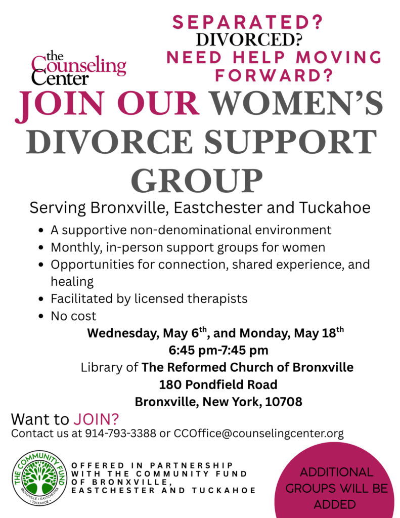 Flyer for a women's divorce support group in Bronxville, Eastchester, and Tuckahoe, with meeting details, contact info, and mention of additional groups being added.