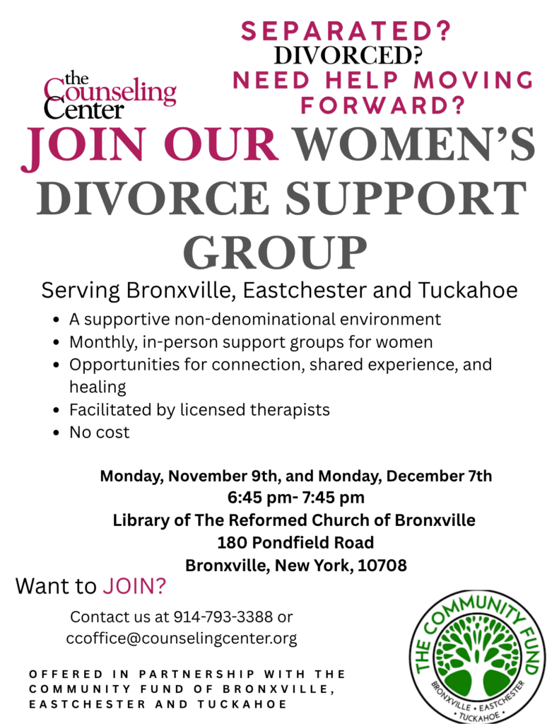 Flyer for a free women’s divorce support group in Bronxville, listing meeting dates, times, location, and contact information.